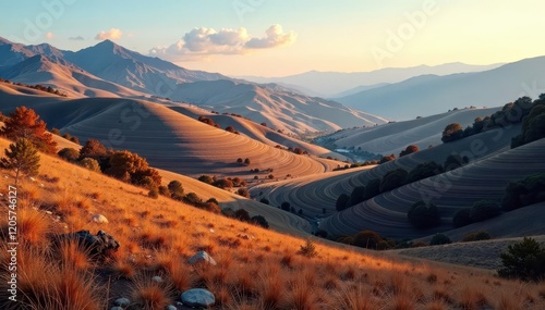 landscape with concentric rings of hills and valleys, earth tones, landscapes, colors photo