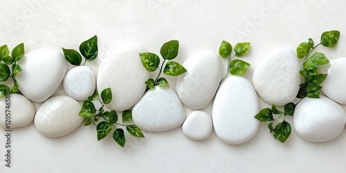 Wallpaper Mural Elegant White Stones and Green Leaves Arrangement on Light Background Torontodigital.ca