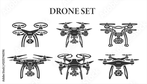 FPV drone vector silhouette. Quadrocopter air drones set,Hand drawn vector illustration