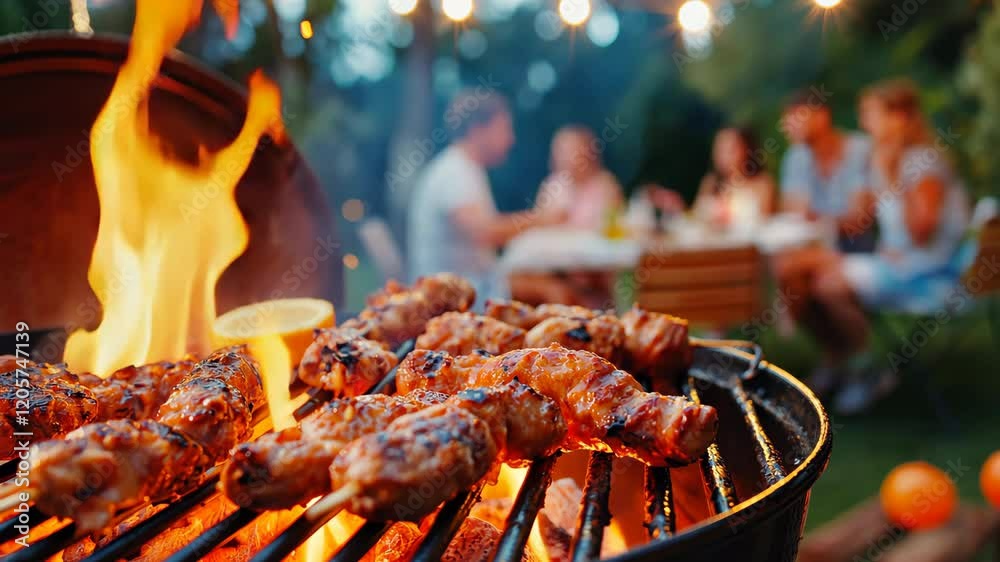 Meat and sausages are fried on a barbecue grill with blurred people having a picnic in the backyard.