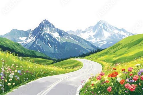 Scenic Mountain Road with Vibrant Wildflowers