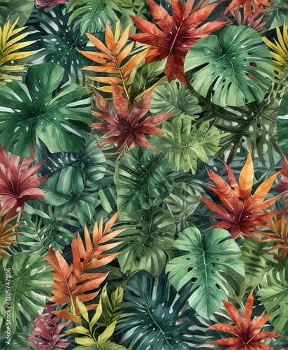 A collection of tropical watercolor leaves in various colors and shapes arranged to resemble a natural environment, plant life, natural setting