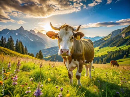 Beefmaster Cow Grazing in Lush Alpine Meadow - Summer Pasture Landscape photo