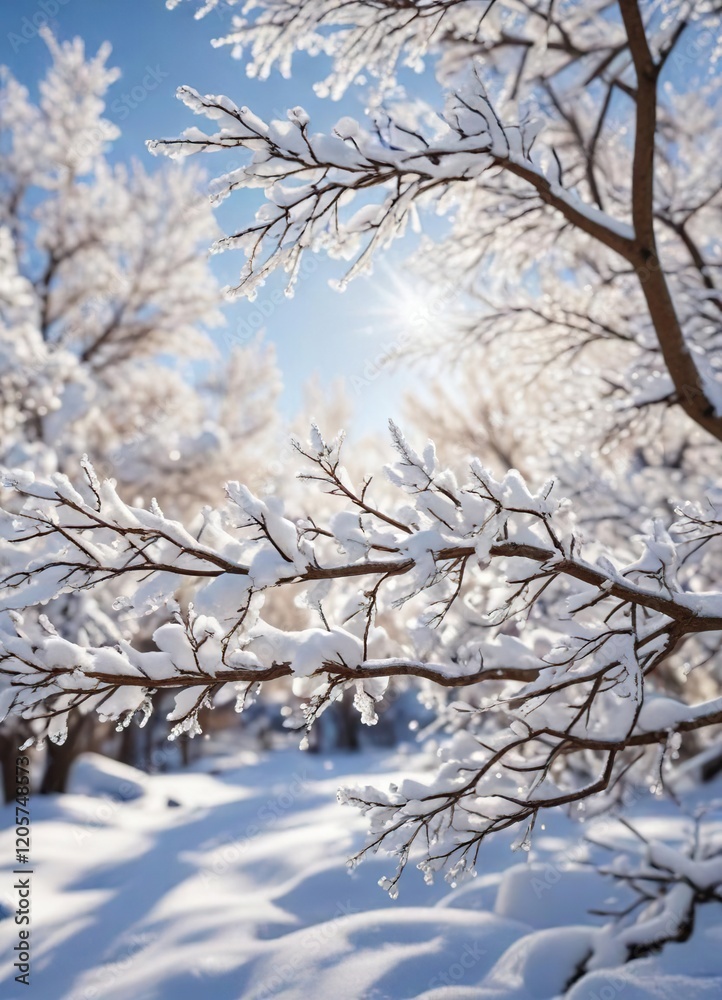 Close-up of snow-covered branches sparkling in the sunlight, winter, beauty, landscape Close-up of snow-covered branches sparkling in the sunlight, winter, beauty, landscape