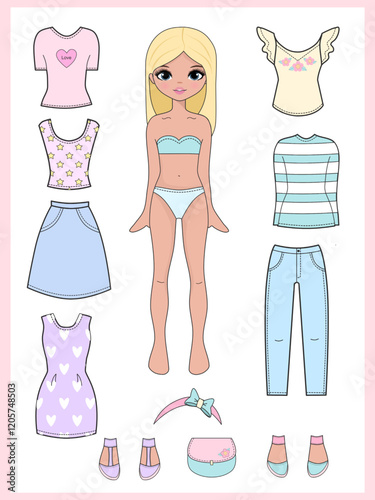 Paper doll clothes. Fashion girl with clothes set, collection. Paper doll dress up, cutouts, cut out. Vector illustration. Paper doll printable . Stickers. Toy, game for children, kids. Cute doll.eps