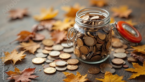  Coins in a jar with autumn leaves surrounding it and strewn across a table Finance, autumn, tabletop, savings, money, cash,
 photo