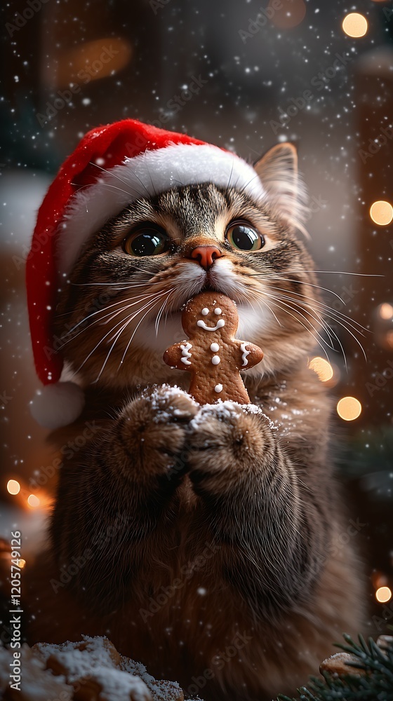 A joyful ginger cat wearing a Santa hat, surrounded by festive cookies, gingerbread decorations, and glowing Christmas lights in a snowy background. A joyful ginger cat wearing a Santa hat, surrounded by festive cookies, gingerbread decorations, and glowing Christmas lights in a snowy background.