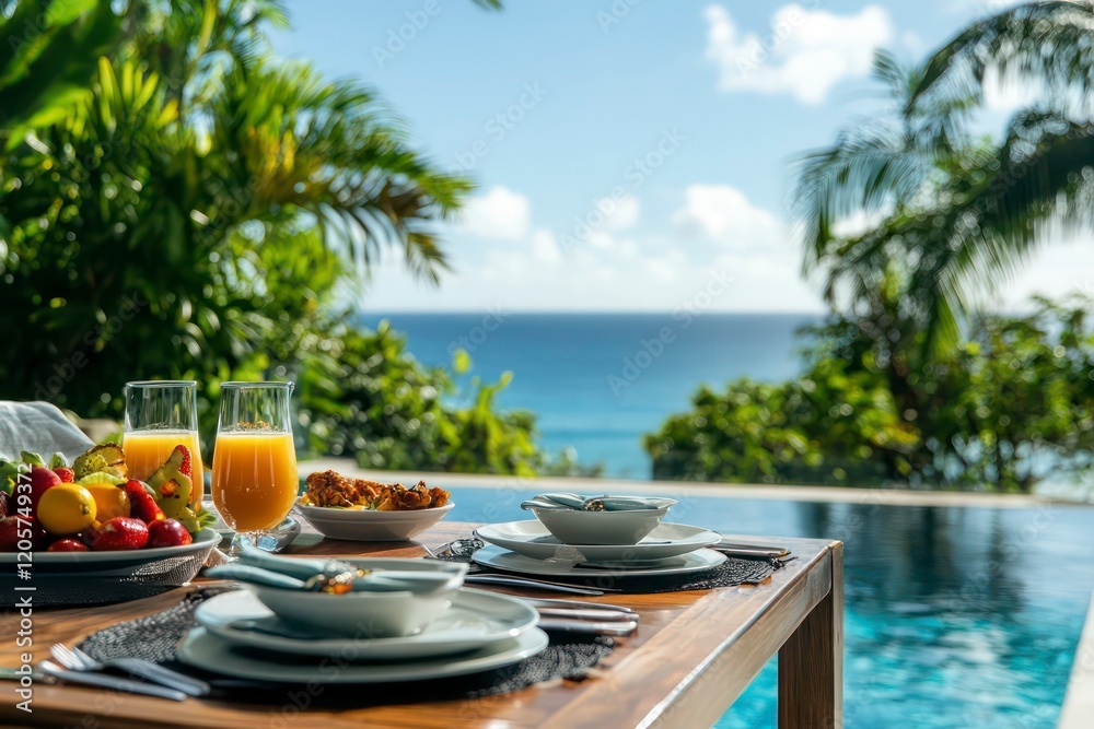 Obraz premium Tropical Breakfast with Ocean View 