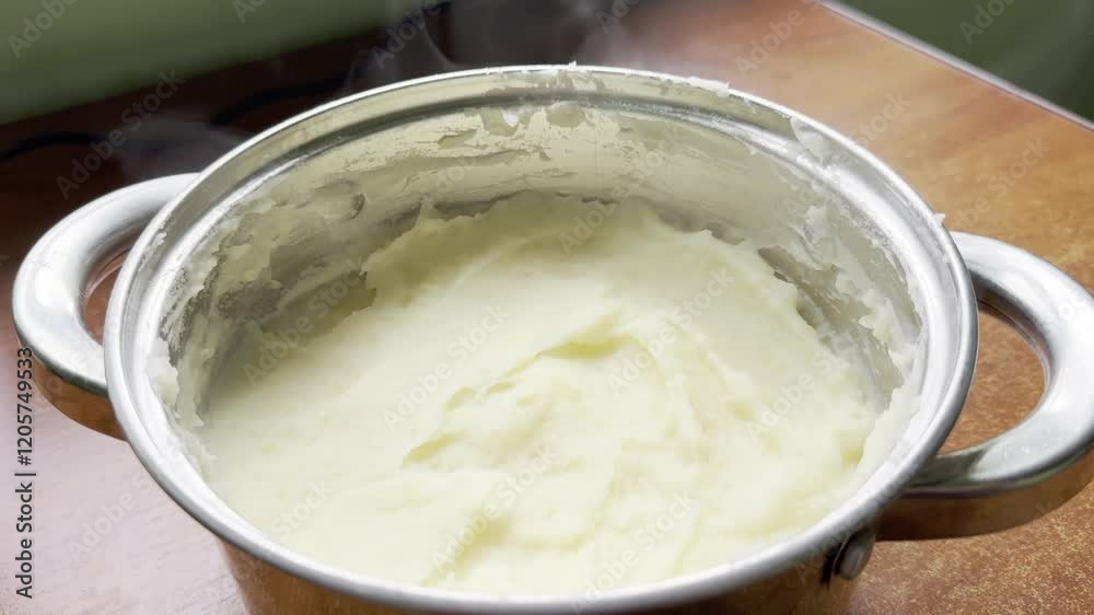 Mashed potato, top view . Process of cooking , horizontal video Mashed potato, top view . Process of cooking , horizontal video