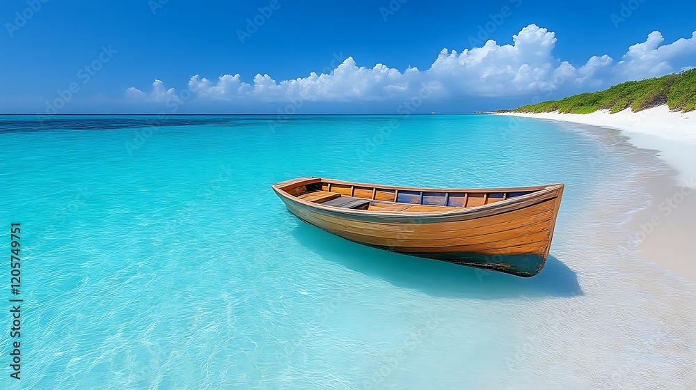 Wooden boat rests on tranquil turquoise ocean beach Wooden boat rests on tranquil turquoise ocean beach