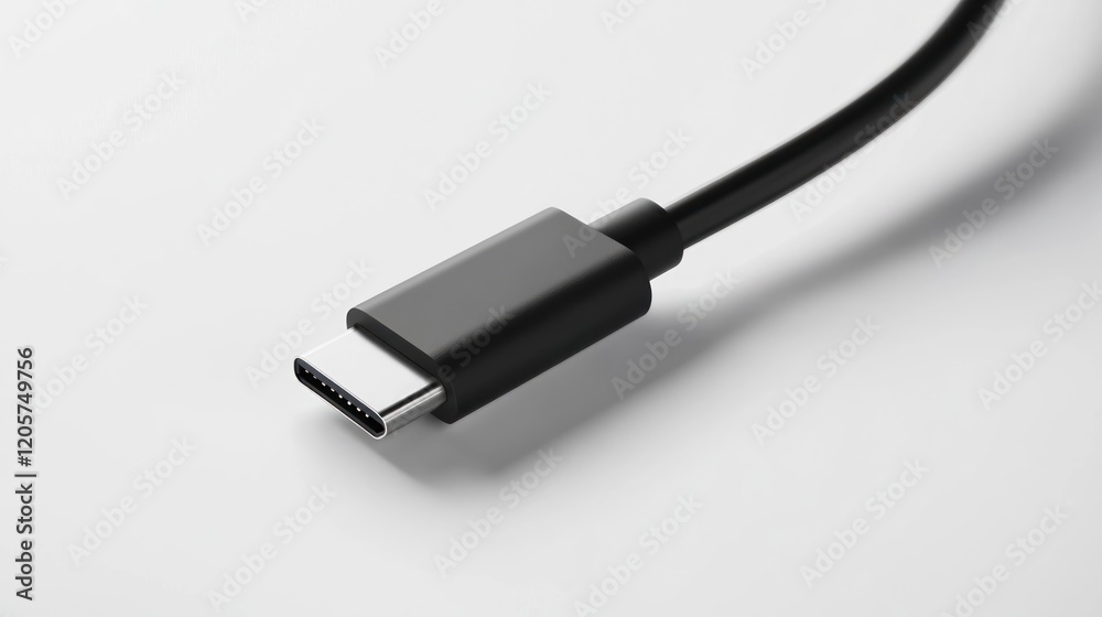 USB-C cable closeup, white background, technology, connection USB-C cable closeup, white background, technology, connection
