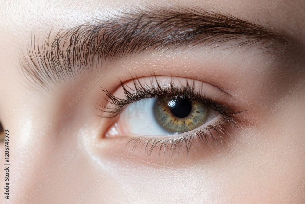 Obraz premium Close-Up Portrait of Young Woman's Beautiful Eye, Perfect Smooth Skin, Perfectly Shaped Eyebrow and Luscious Long Lashes. Beauty Products, Cosmetics, Make-Up. Advertisement of Eco Treatment, Skin Care