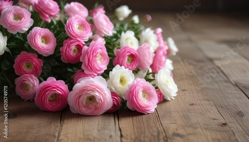 Pink and white ranunculus flowers on a wooden table, indoors, holiday, spring