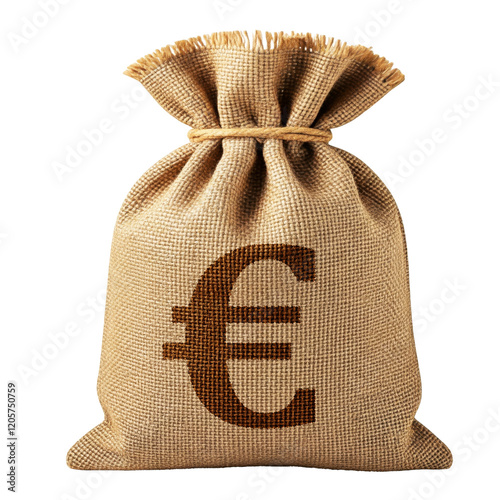 Burlap Sack with Euro Currency Symbol on Transparent Background, Representing Inflation and Economy 