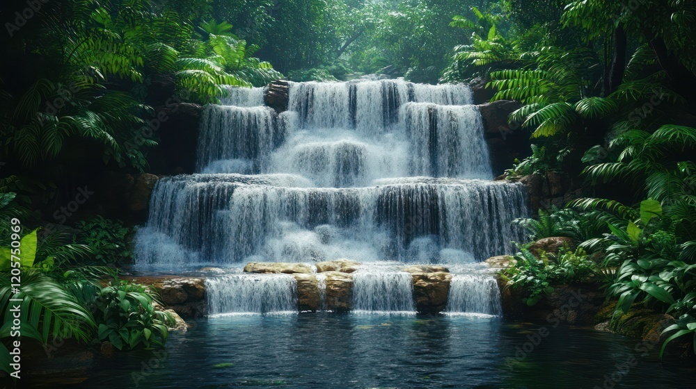 Fototapeta premium Serene Waterfall in Lush Tropical Paradise