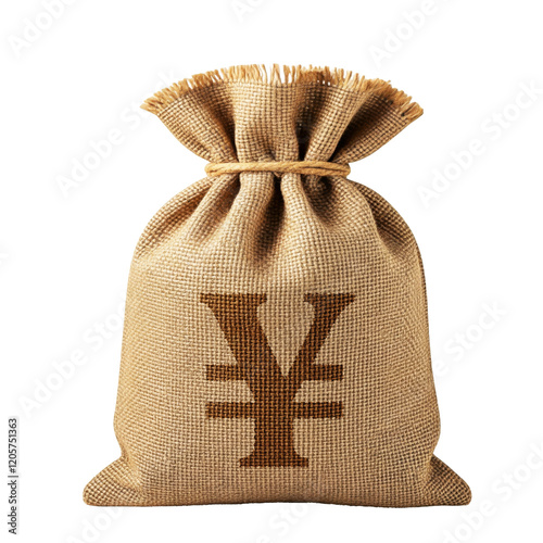 Burlap Money Bag with Yen Symbol Isolated on Transparent Background, Currency of Japan
