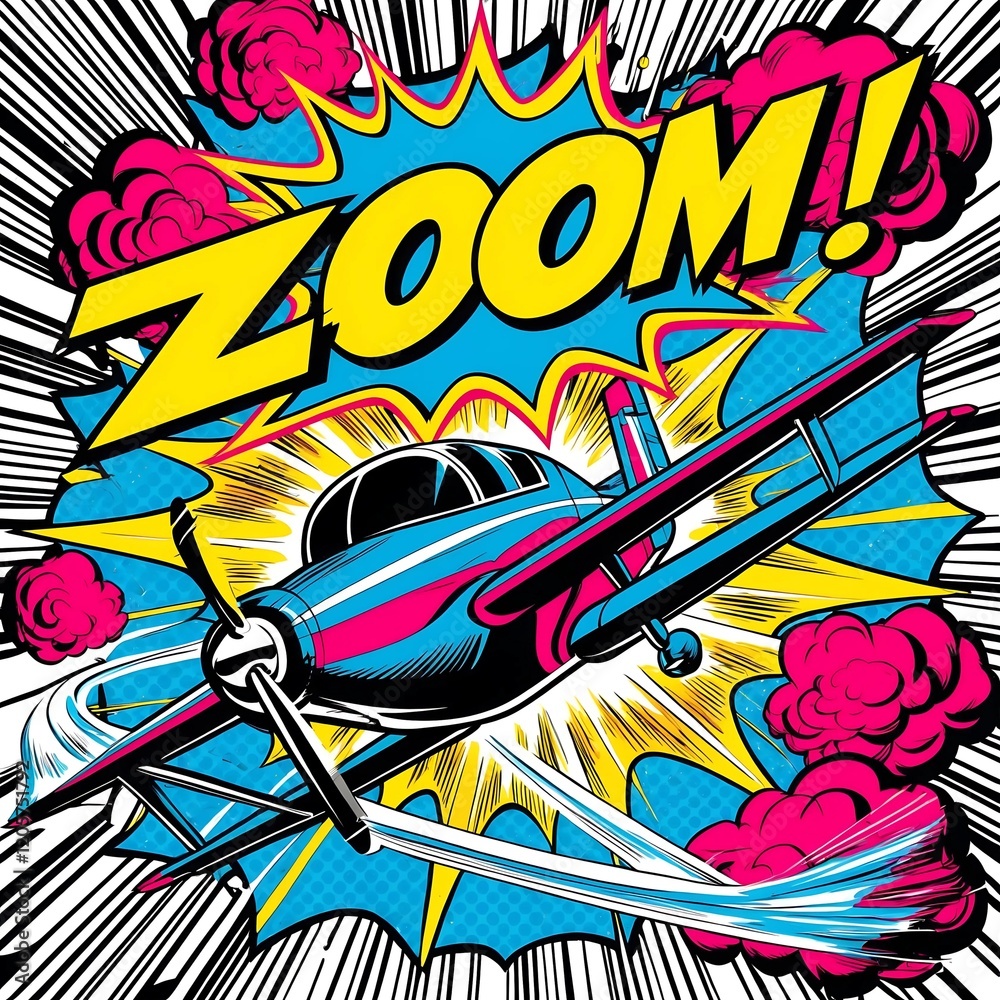 Fototapeta premium A dynamic, professional graphic design in a vibrant pop art style, featuring a stylized, comic-book inspired airplane with bold lines, bright colors, and exaggerated features, soaring through a starbu