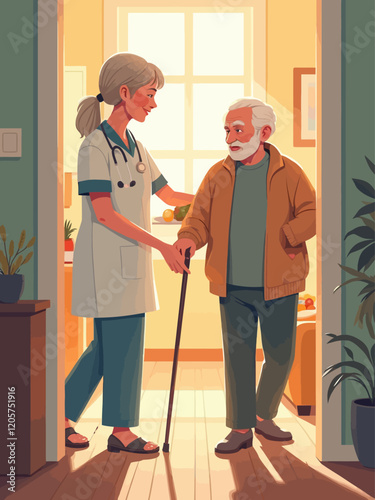 nurse senior woman home care patient elderly caregiver walking step staircase recovery health retirement man assistance nursing old help walk stair going out groceries shop