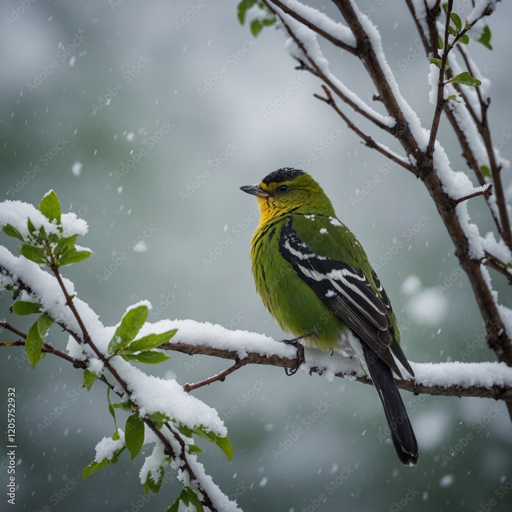 Obraz premium A bird perched on a snowy branch, with fresh green leaves starting to appear.
