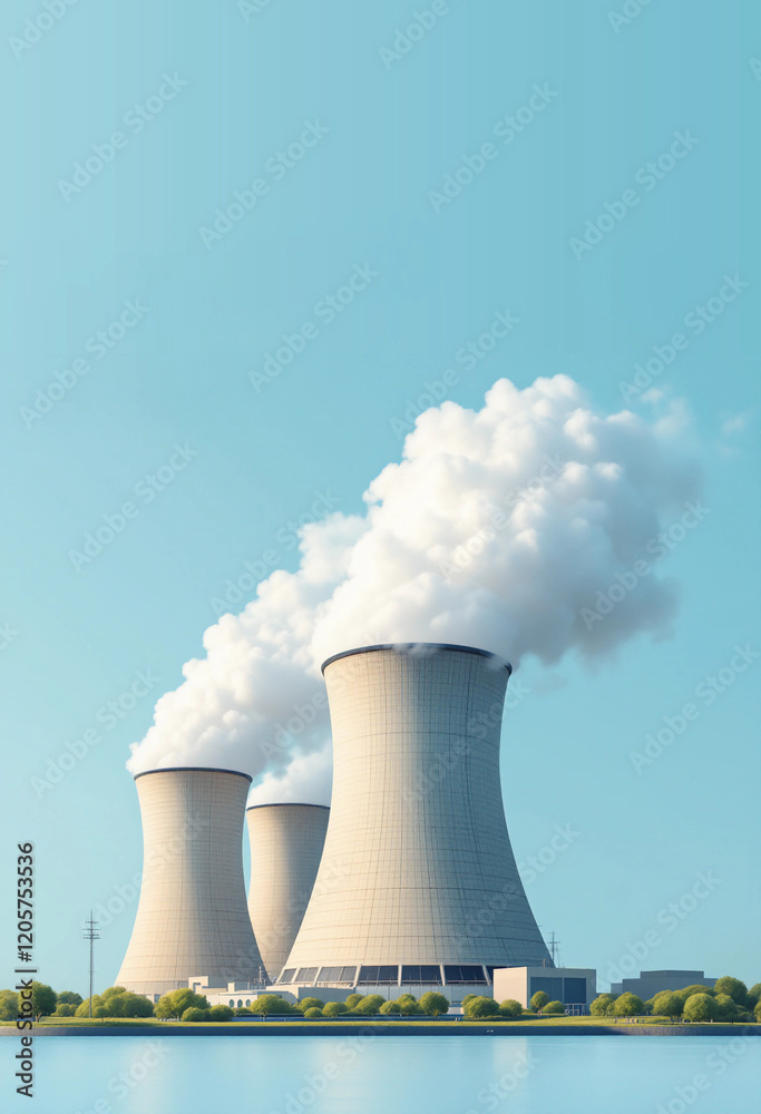 A striking image of a nuclear power plant emitting white smoke against a serene pastel blue sky, symbolizing clean energy and industrial progress. A striking image of a nuclear power plant emitting white smoke against a serene pastel blue sky, symbolizing clean energy and industrial progress.