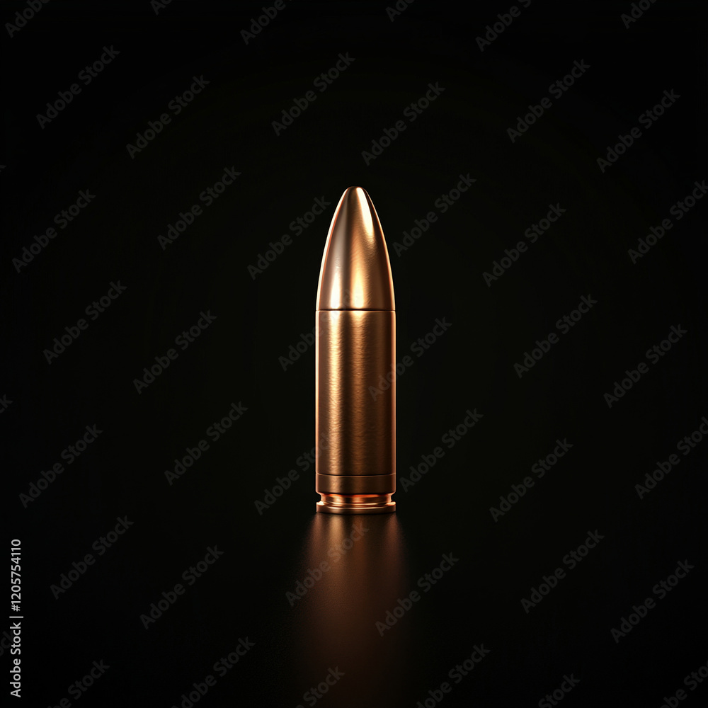 single, polished, golden bullet standing upright against a dark background. The lighting highlights the metallic texture, creating a dramatic and minimalistic composition with a reflective surface single, polished, golden bullet standing upright against a dark background. The lighting highlights the metallic texture, creating a dramatic and minimalistic composition with a reflective surface
