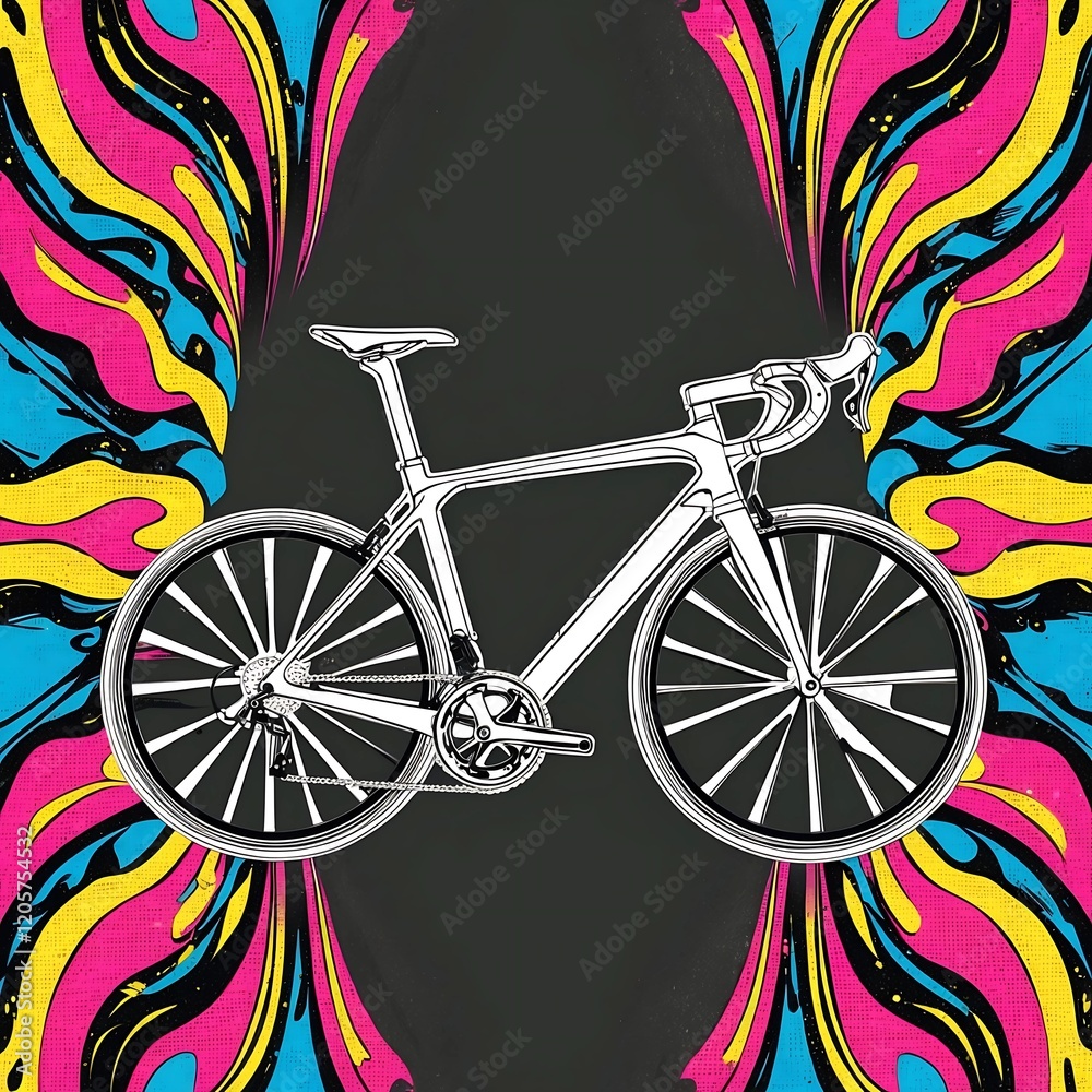 Fototapeta premium A vibrant comic book-style illustration of a sleek, road-ready bicycle with bold, dynamic outlines and a mesmerizing, psychedelic patterned background featuring swirling shapes in electric blues, hot 