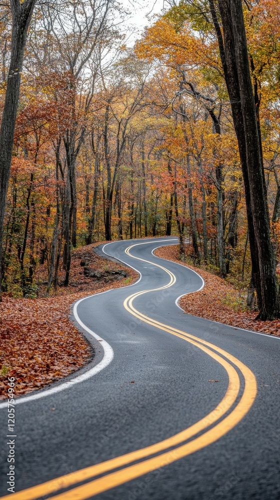 Obraz premium Winding road through a vibrant autumn forest showcasing colorful foliage.
