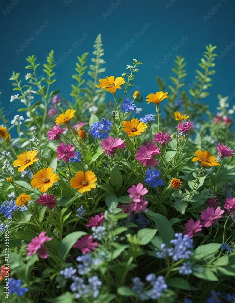 Obraz premium Freshly picked wildflowers on a bright blue background with colorful green foliage, copy space, wildflower arrangement, natural design