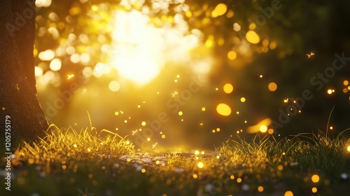 Firefly-like bokeh in golden yellows and soft whites, magical evening atmosphere 