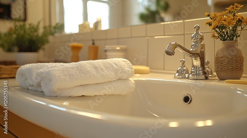 A grainy, out-of-focus shot of a bathroom sink. Thereâ€™s a clean towel draped over the edge, and a soap dish sits next to the faucet.  photo