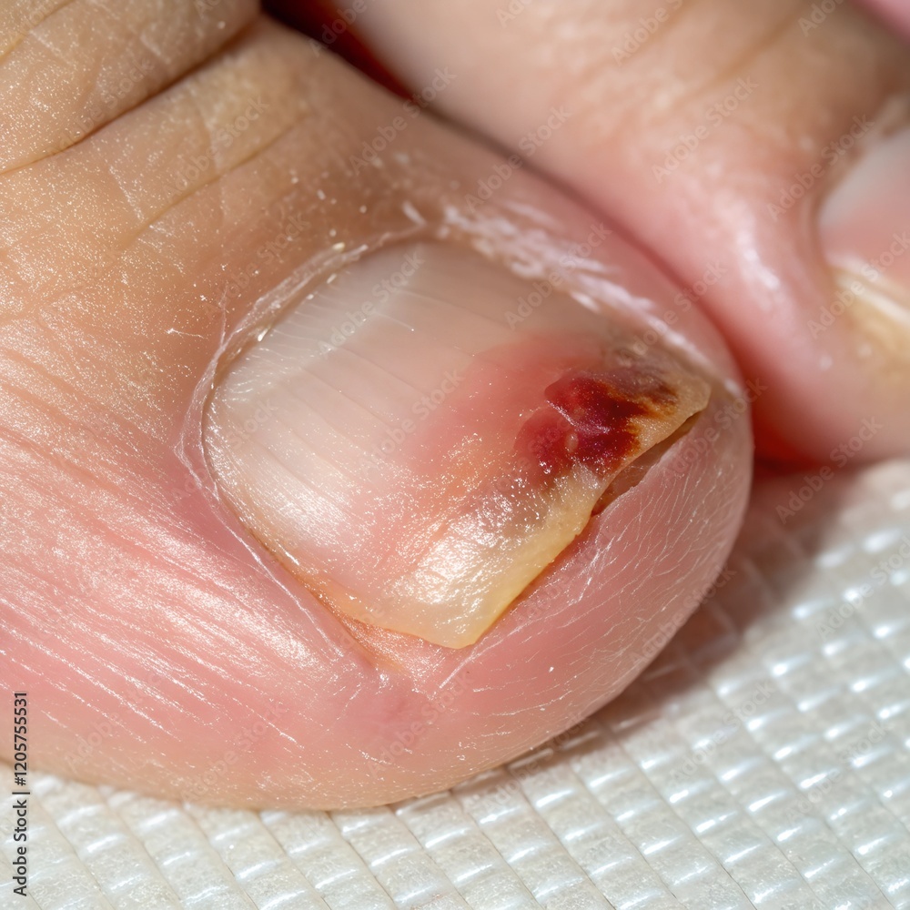 Fototapeta premium The toenail appears damaged and infected, with visible redness, swelling, and a small wound.