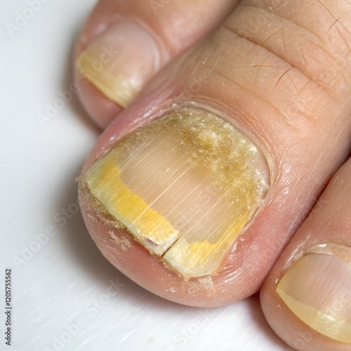 A high-resolution close-up of a human fingernail and toenail with severe fungal infection, showing yellow discoloration, thickened nail plate, and crumbly edges photo