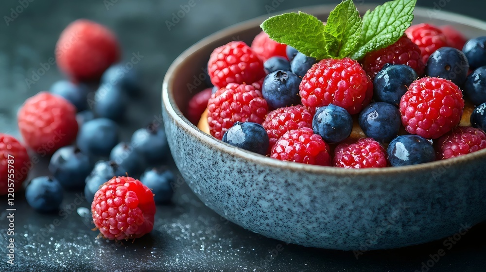 A bowl of berries with blueberries and raspberries A bowl of berries with blueberries and raspberries