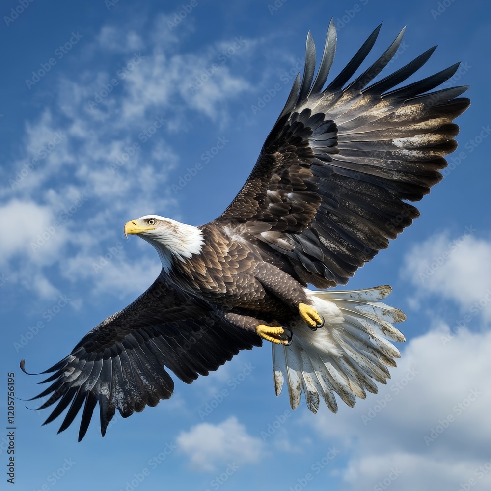 A bald eagle in flight, its wings fully spread, symbolizing freedom and strength. Perfect for wildlife and patriotic concepts. A bald eagle in flight, its wings fully spread, symbolizing freedom and strength. Perfect for wildlife and patriotic concepts.