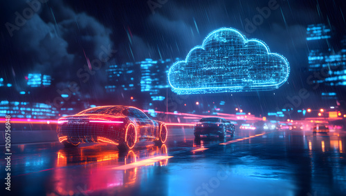 Digital Highway with Holographic Cars and Cloud Tech at Night photo