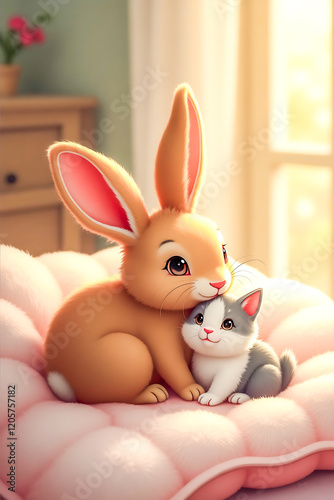 Adorable Bunny Snuggling Close to a Kitty – Heartwarming Pet Moment