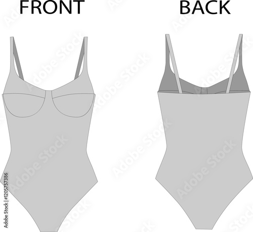 One piece swimsuit vector mockup, long sleeve swimsuit fashion illustration, crew neck bodysuit vector mockup, flat shoes, CAD mockup, technical drawing.
