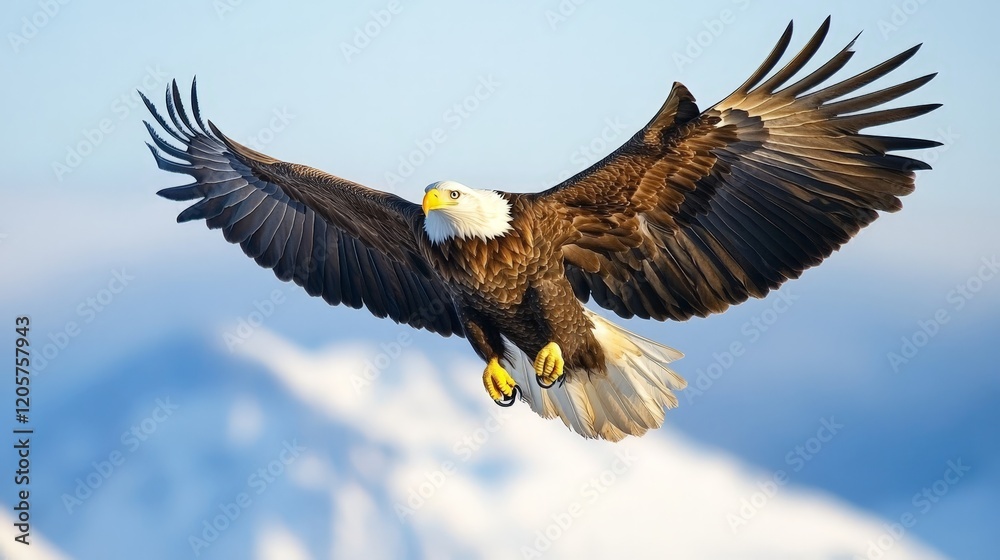 A bald eagle in flight, its wings fully spread, symbolizing freedom and strength. Perfect for wildlife and patriotic concepts. A bald eagle in flight, its wings fully spread, symbolizing freedom and strength. Perfect for wildlife and patriotic concepts.