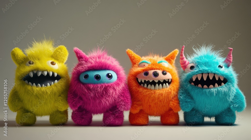 Obraz premium Three colorful, cartoonish monster characters are displayed against a black background.