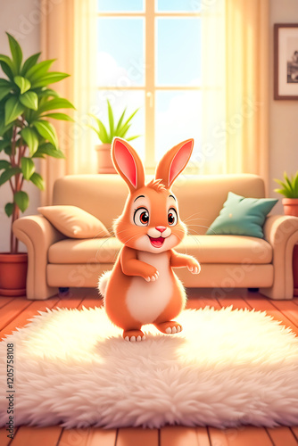 Curious Bunny Hopping in a Cozy Living Room – Adorable Pet Scene