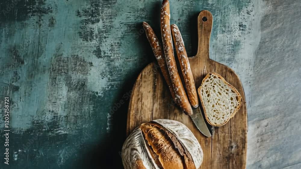 Freshly baked bread displayed on a rustic wooden cutting board with a knife and slice of bread