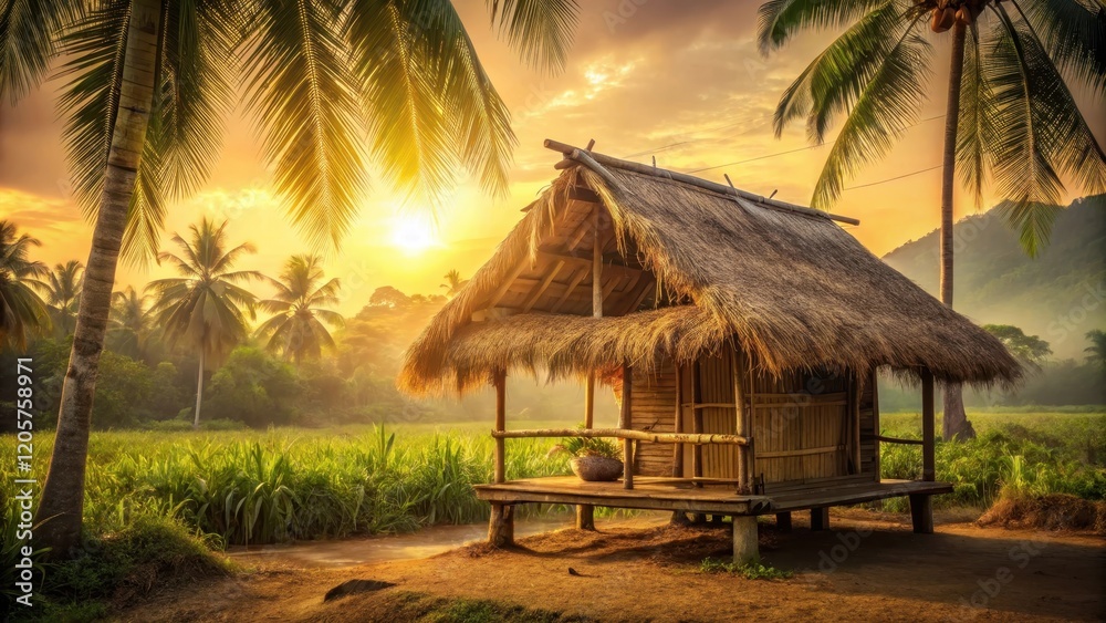 Traditional Southeast Asian nipa hut set against a warm sepia-toned background with natural foliage and sunlit surroundings, environment, outdoor Traditional Southeast Asian nipa hut set against a warm sepia-toned background with natural foliage and sunlit surroundings, environment, outdoor