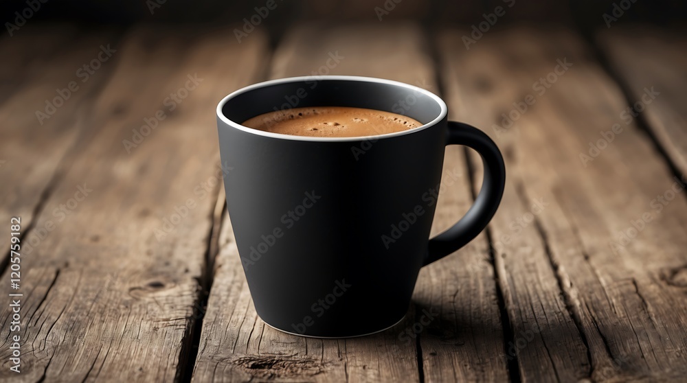 Aromatic Coffee in Black Mug on Rustic Wood Aromatic Coffee in Black Mug on Rustic Wood