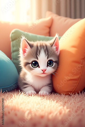 Adorable Baby Kitty Peeking from Behind a Pillow – Cute Pet Portrait