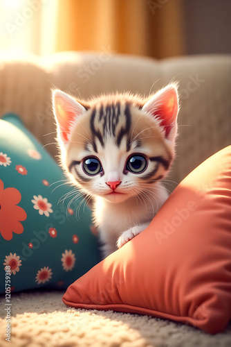 Adorable Baby Kitty Peeking from Behind a Pillow – Cute Pet Portrait