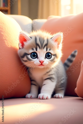 Adorable Baby Kitty Peeking from Behind a Pillow – Cute Pet Portrait