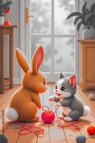 Playful Bunny and Kitty Enjoying a Ball of Yarn – Adorable Pet Moment