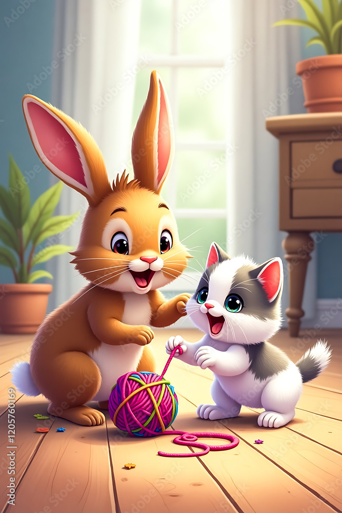 Fototapeta premium Playful Bunny and Kitty Enjoying a Ball of Yarn – Adorable Pet Moment