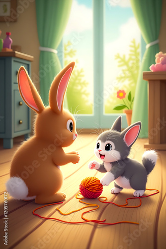 Playful Bunny and Kitty Enjoying a Ball of Yarn – Adorable Pet Moment