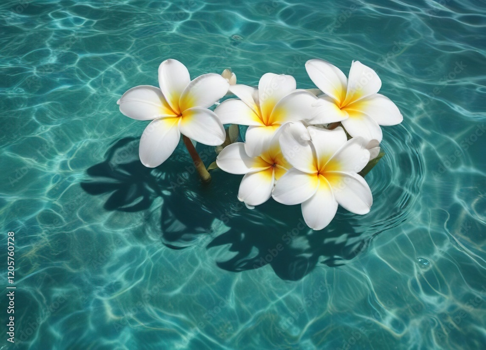 Fresh white plumeria blooms floating on a calm teal water surface, purity, relaxation, calmness, relaxation, zen Fresh white plumeria blooms floating on a calm teal water surface, purity, relaxation, calmness, relaxation, zen